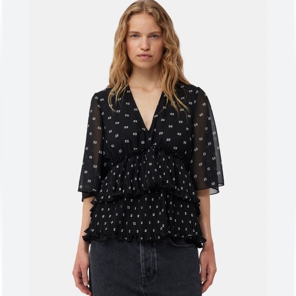 GANNI Black Graphic V Neck Georgette Flounce Blouse Short Sleeve sz 38 US 6 NWT - Picture 4 of 15